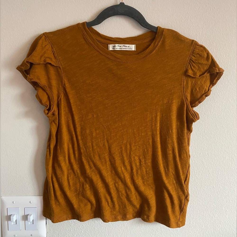 Free People Mustard Yellow Ruffle Sleeve T-Shirt